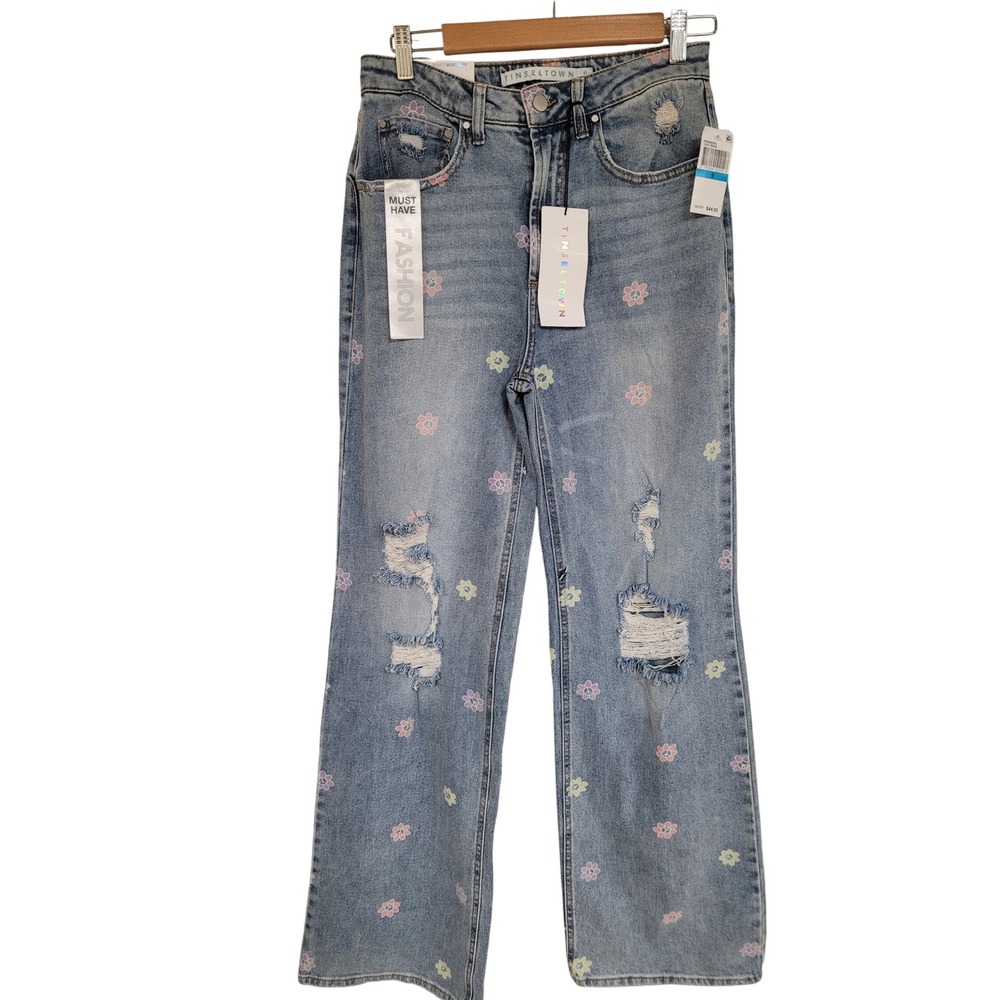 High‎ Waist Wide Leg Women Jeans Distressed Size 9/29 Jr Floral Light Wash NWT